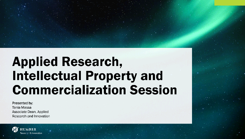Powerpoint slide with the text Applied Research, Intellectual Property and Commercialization Session