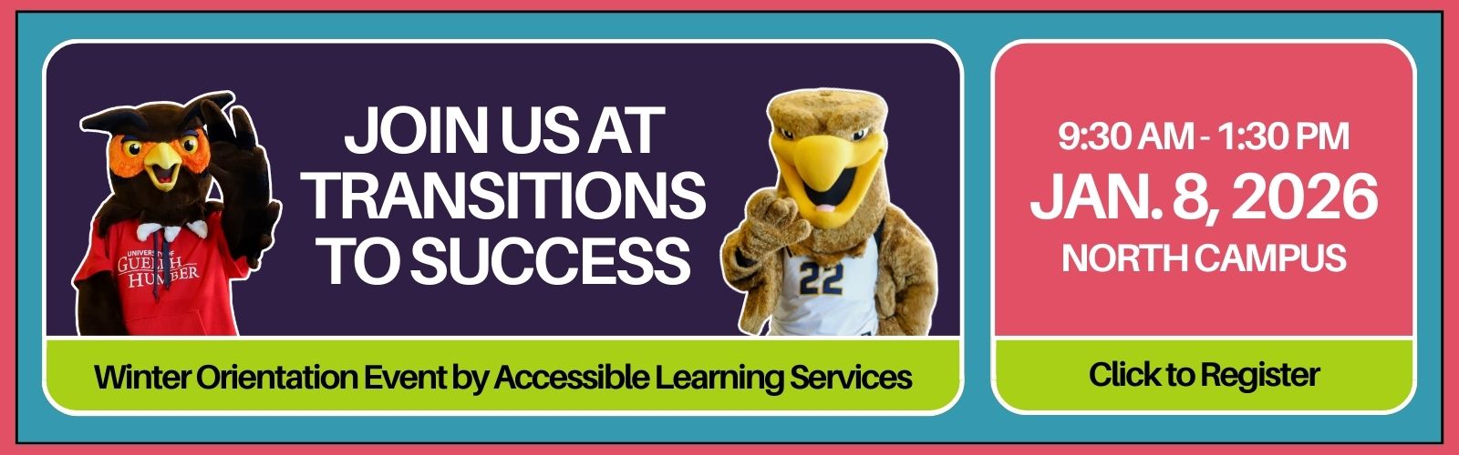 Banner for "Transitions to Success" winter orientation on Jan. 8, 2026, at North Campus. Features two mascots and a "Click to Register" button