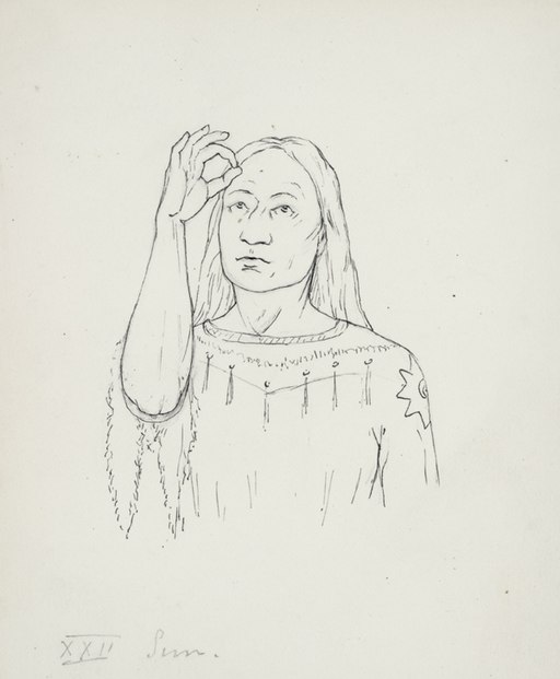 Drawing of person displaying the sign for 'sun' in Plains Indigenous Sign Language.