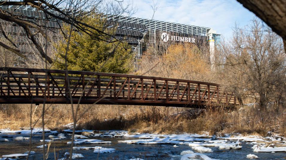A walking bridge crosses a creek sprinkled with snow, with the glass facade of Humber's Learning Resource Commons visible in the background