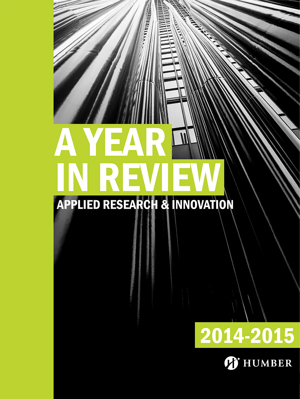 2014-2015 Annual Report cover - looking up at very tall office towers from the ground